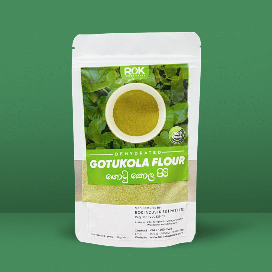 Packaged dehydrated gotukola leaf flour
