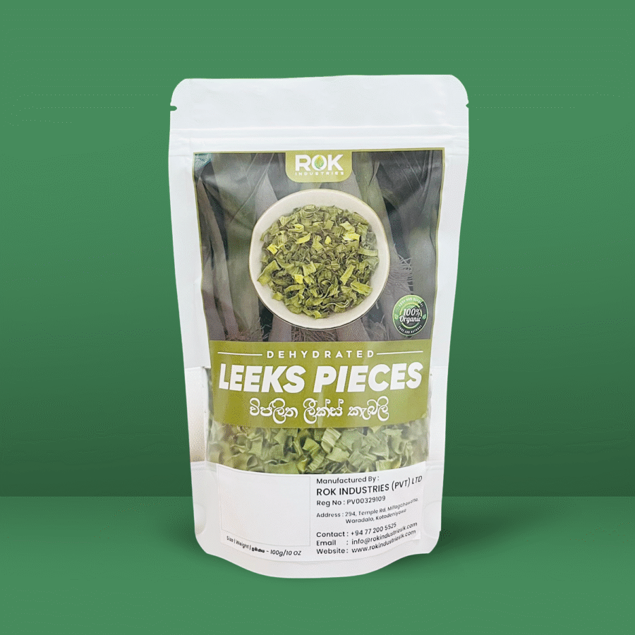 Packaged dehydrated leek pieces